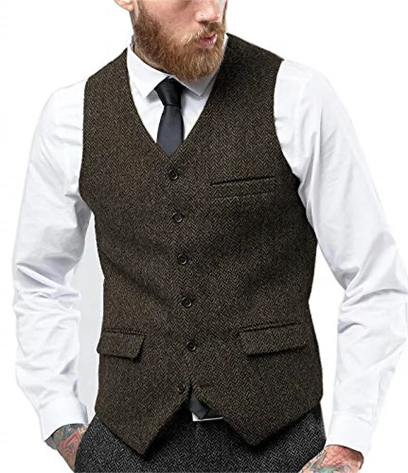 Men's Herringbone Waistcoat Single Breasted Slim Fit Suit Vest for Wedding & Formal Occasions