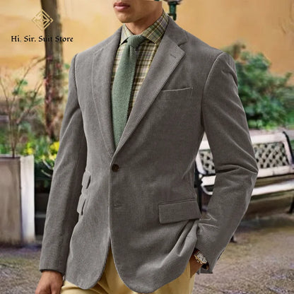 Spring/Autumn New Corduroy Suit Retro Casual Notched Lapel Jacket Single-Breasted Men's Solid Colour Suit Western Sport Coats