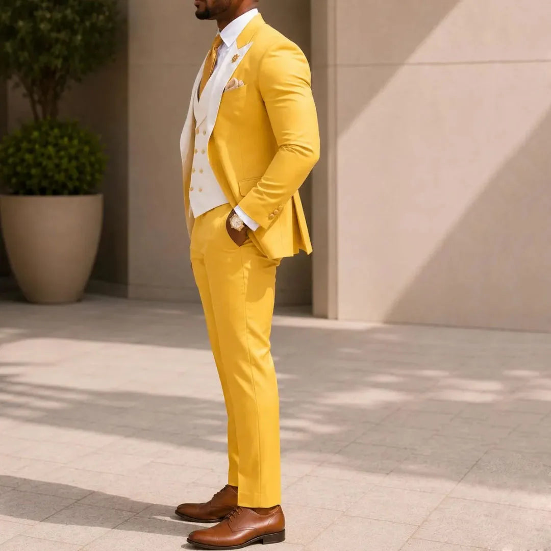 Men Suit Yellow 3 Pieces White Vest With Lapel For Wedding Birthday Banquet Prom Party Business Work Office Jacket Vest Pants