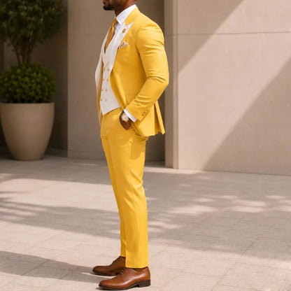 Men Suit Yellow 3 Pieces White Vest With Lapel For Wedding Birthday Banquet Prom Party Business Work Office Jacket Vest Pants