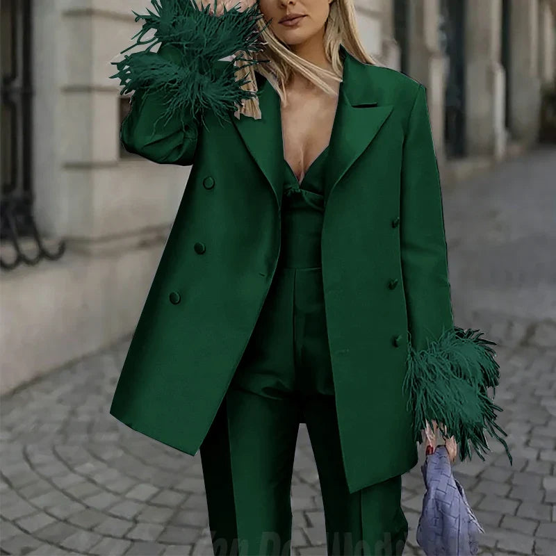 Classic Satin Women's Suit Set 2 Piece Exquisite Feather Double Breasted Jacket With Pants Evening Party Luxury Trouser Suits