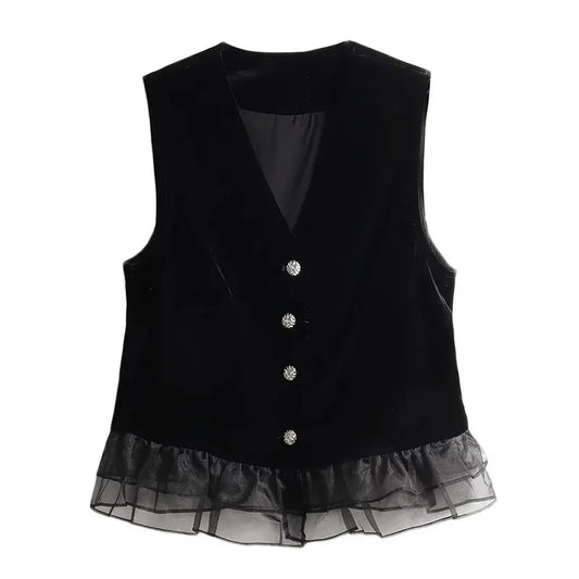 Fragrant Gold Velvet Vest Women Waistcoat Spring Autumn New Fashion Splicing Sleeveless Jacket Coat Elegant Ladies Cardigan Tops