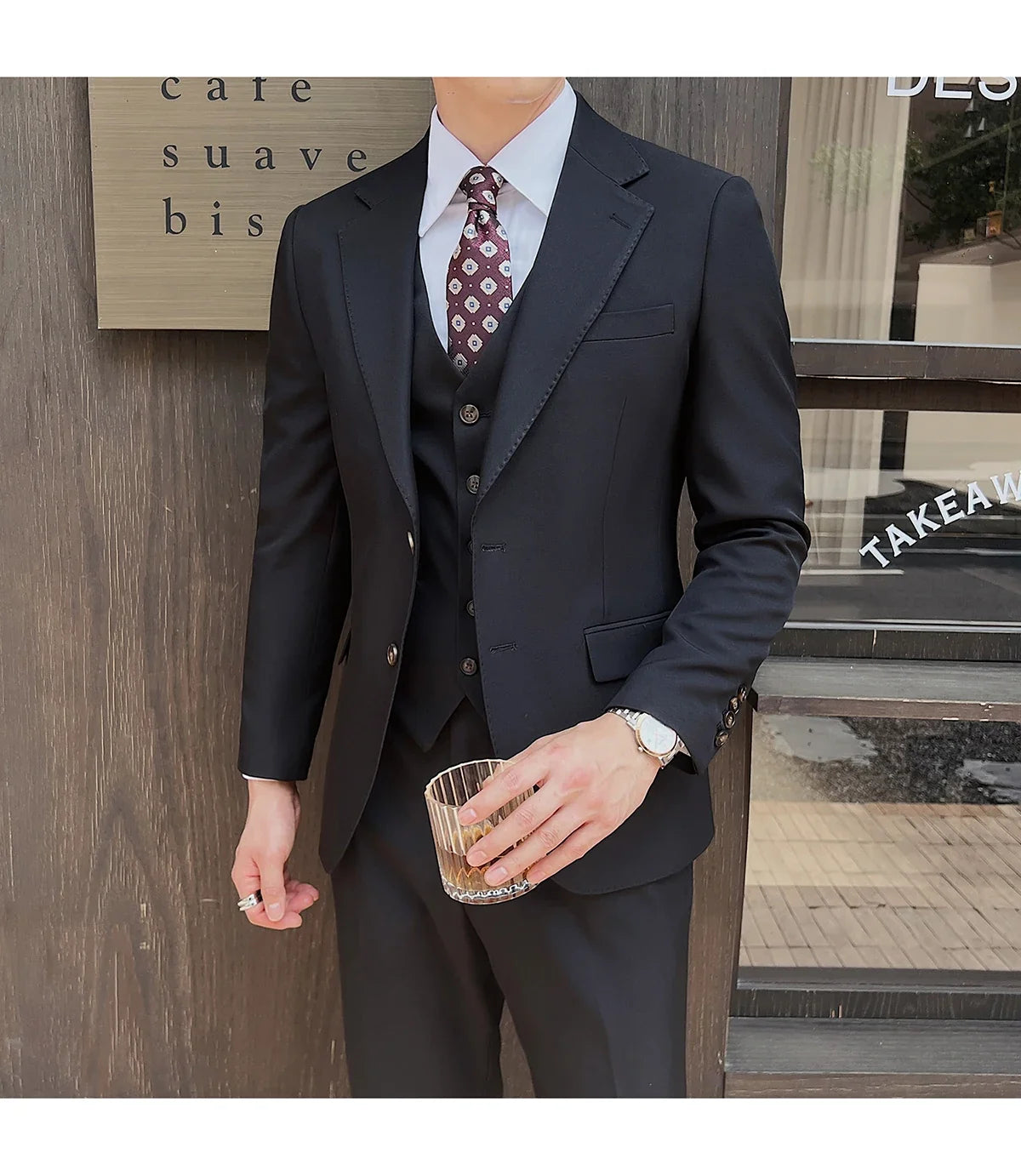 ( Jacket+Vest+Pants ) ltalian Style Luxury High-end Fashion Solid Color Mens Business Slim Suit 3Piece Set Groom Wedding Tuxedo