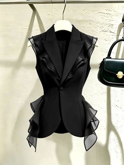 2026 New Black Suit Vest Female Summer Korean Fashion Spliced Flounces Sleeveless Blazers Jacket Waistcoat Women Outerwear Tops