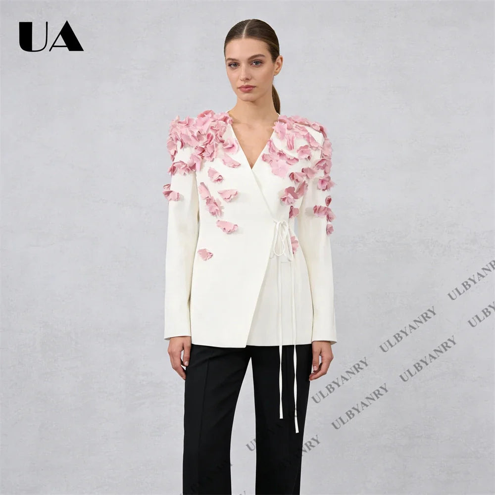White Wrap Blazer with 3D Pink Floral Appliqué and Tie Waist for Wedding Garden Party Ethereal Romantic Outfit