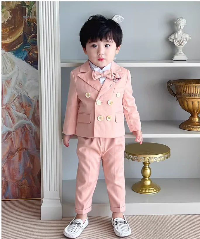 Kids 5Pieces Pure Pink Suit Set With Jacket Vest Pants Bowtie Brooch Boys Wedding Birthday Party Piano Performance Costume