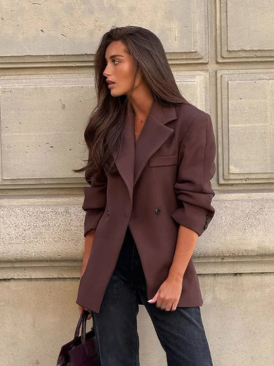 Women New Fashion Double Breasted Long Sleeve Hem Slit Blazer Female Chic Commuter Versatile Casual Waist Slim Lapel Jacket