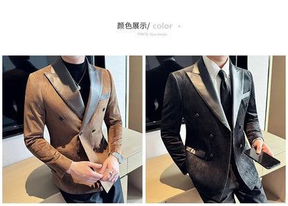 British Style Luxury Men Double Breasted Suit Jacket High Quality Fashion PU Leather Neck Spliced Coats Groom Social Party Dress