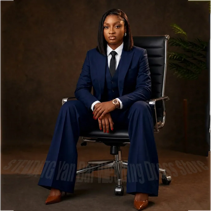 Navy Blue Women's Suit New Designer Stylish Peak Lapel Regular Length Smart Casual Formal Three Pieces Set Blazer Vest Pants