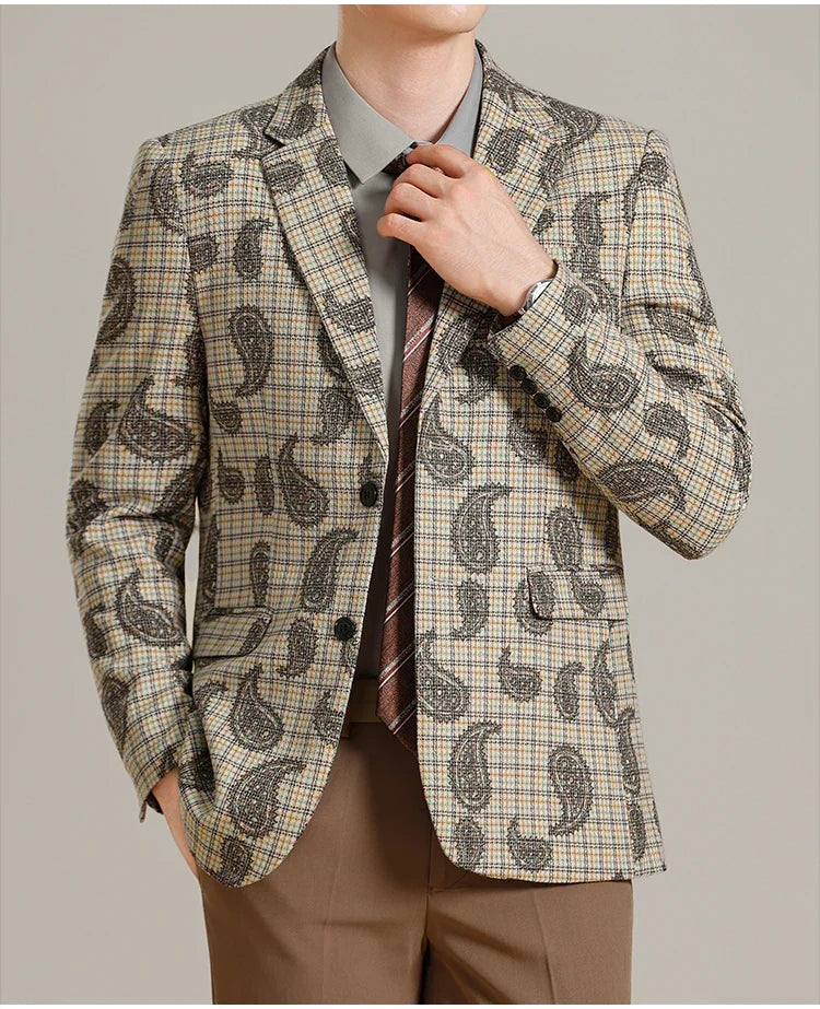 Autumn Winter Cashew Plaid Suit Jacket Men Fashion Casual Embroidered Jacquard Suit Jackets Business Social Party Men Blazers