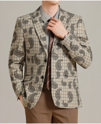 Autumn Winter Cashew Plaid Suit Jacket Men Fashion Casual Embroidered Jacquard Suit Jackets Business Social Party Men Blazers