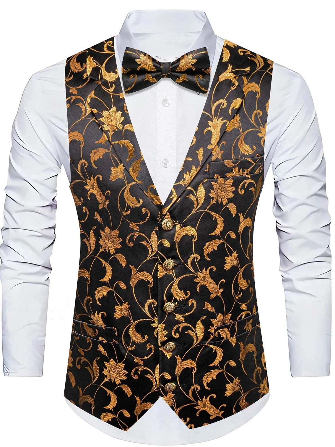 Men's Floral Jacquard Vest Bowtie Set – Pink Wedding Waistcoat for Men