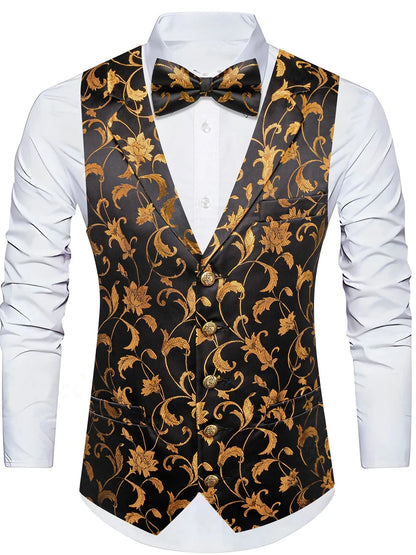 Men's Floral Jacquard Vest Bowtie Set – Pink Wedding Waistcoat for Men