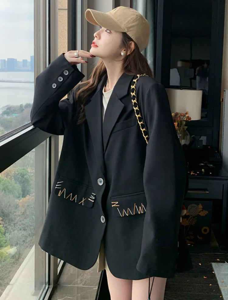 Spring Autumn New Women's Blazer Notched Collar Single Breasted Pockets High-End Elegant Fashion Office Lady Jacket HK13904