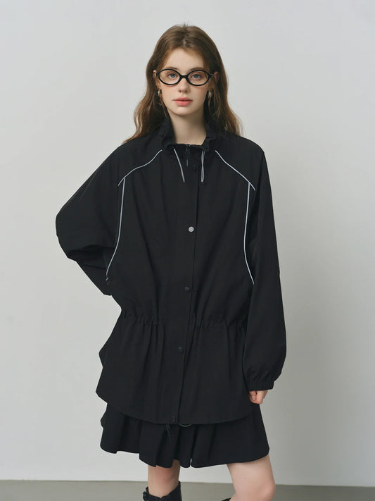 Stand Collar Drawstring Reflective Strip Design Jacket 2025 Autumn New Casual Short Jacket 25FS13173