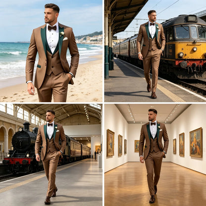 Brown Wedding Men Suits 3 Piece Formal Groom Tuxedos for Prom Party Male Suits Fashion Clothing Set Jacket with Pants Vest