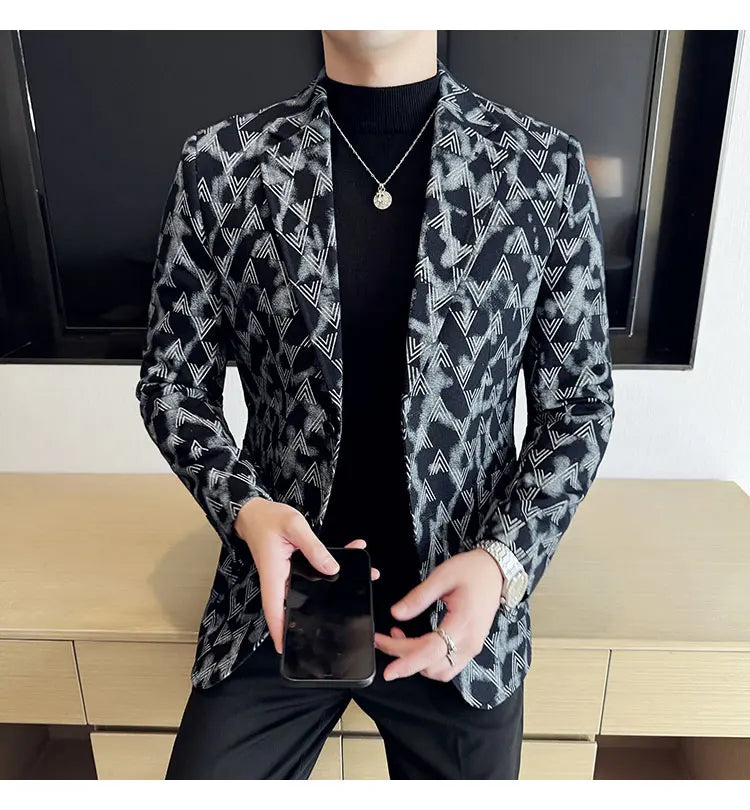 Jacquard Denim Korean Slim Fit Suit Coats 2025 New High Qualitys Fashion Men Slim Fit Business Formal Social Suit Jacket 4XL-M