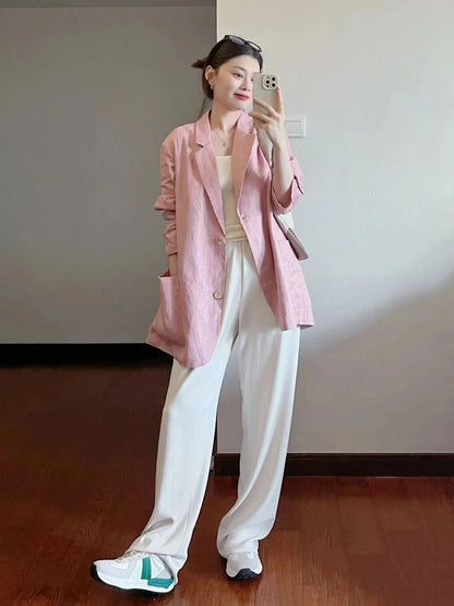 Cotton Linen Suit Jaet Women's Summer New Korean Design Casual Loose Long Sve Top Commute Sle Thin Single Button