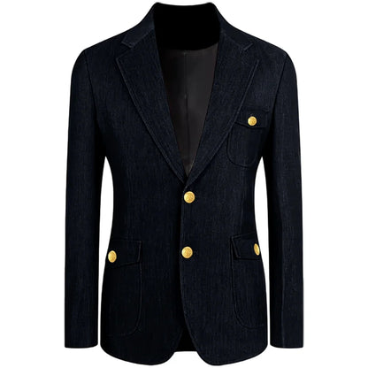 Men's Denim Suit Jacket Classic Notched Lapel Slim Fit Gold Buttons Multiple Pockets Formal Blazer Business Casual Daily Wear