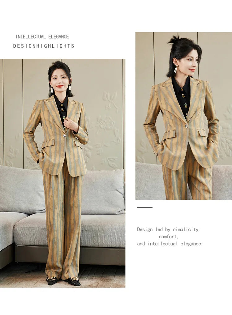 Fashion Autumn Winter Ladies Pant Suit Women Striped Female Business Work Wear Jacket Blazer and Trouser Formal 2 Piece Set