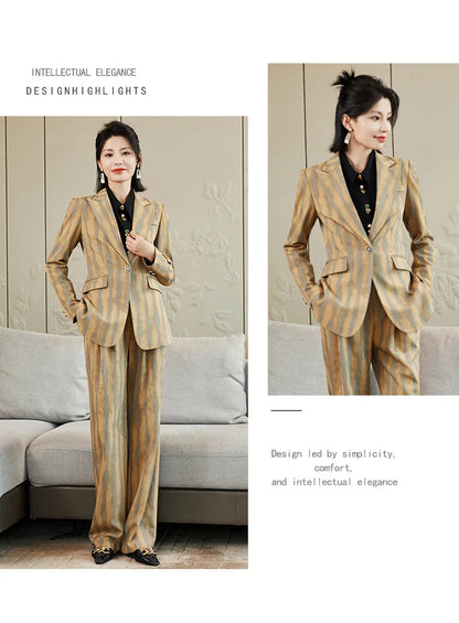 Fashion Autumn Winter Ladies Pant Suit Women Striped Female Business Work Wear Jacket Blazer and Trouser Formal 2 Piece Set