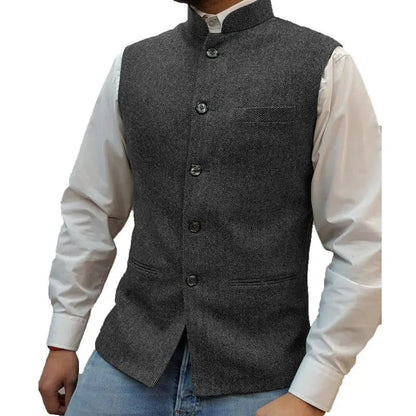 Men's Vest Standing Collar Herringbone Woolen Blend Single Breasted Waistcoat for Business & Casual Wear