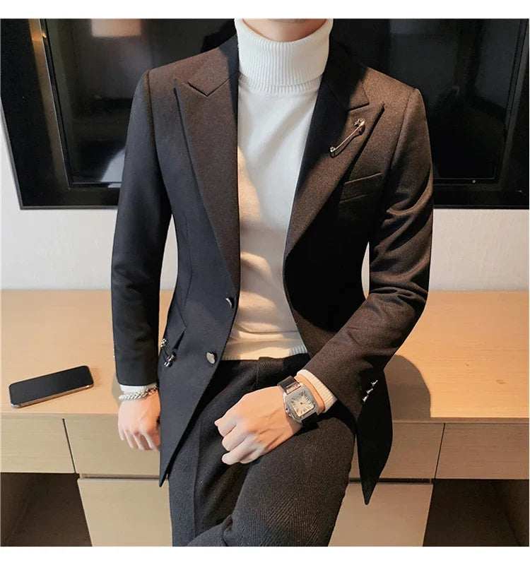Autumn Pin Decoration Men Blazers Casual Suit Jacket Single Breasted Streetwear Social Business Dress Coat Wedding Groom Jacket