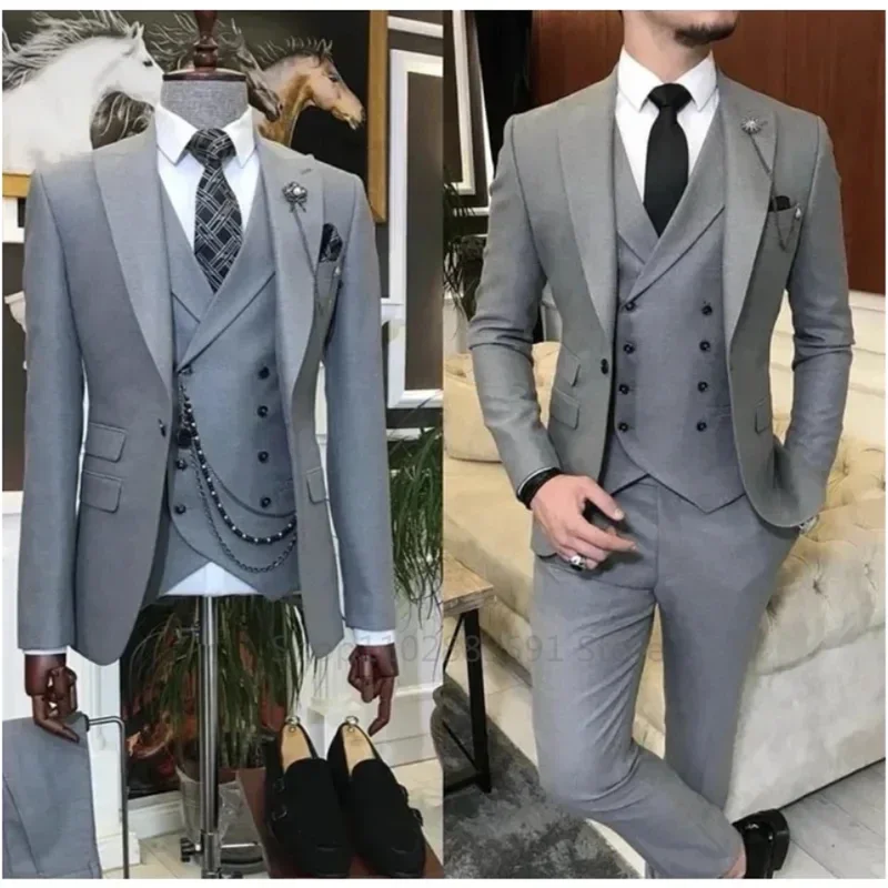 Ensemble de 3 pièces gris foncé pour hommes, costumes d'affaires, kaki, formels, coupe ajustée, pour marié, bal de promo, blazer, gilet, pantalon sur mesure