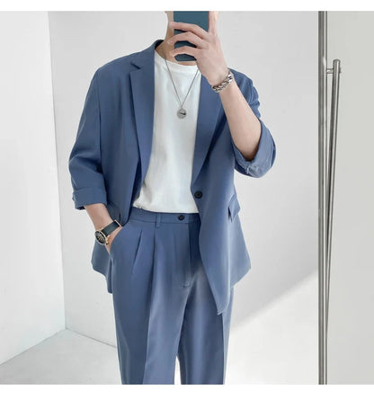 2022 Fashion Summer 2-piece Set Solid Color Single-breasted Casual Simple Student Wear Homme Loose Suits Wear (Blazers + Pants)