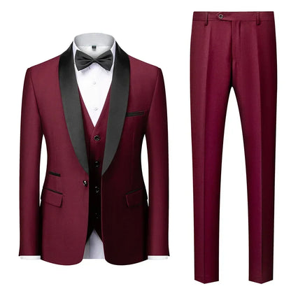 Men's black 3-piece slim fit elegant formal casual 3-piece set jacket vest pants business wedding dance regular sports jacket