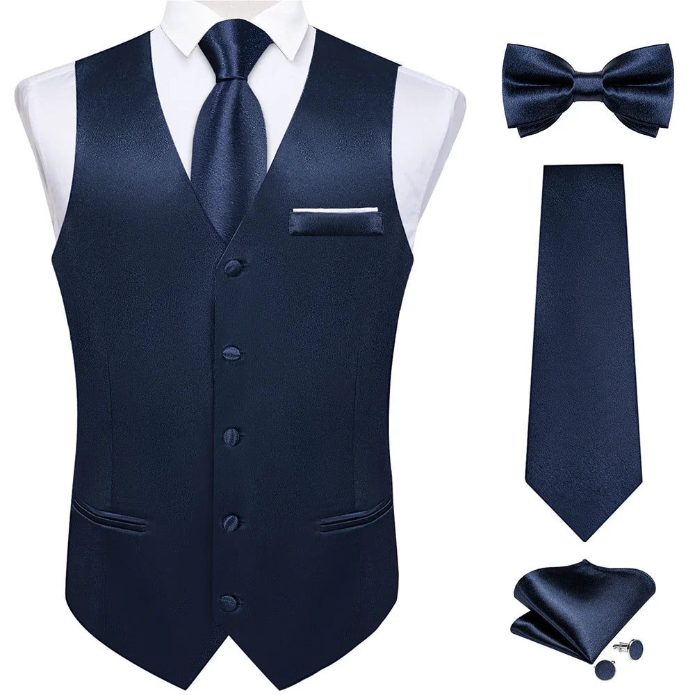 Men's Satin Suit Vest Set with Necktie Bow Tie Handkerchief and Cufflinks for Wedding and Formal Occasions