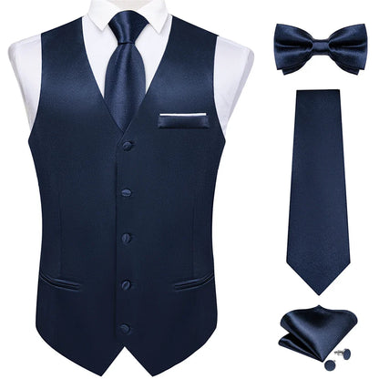 Men's Satin Suit Vest Set with Necktie Bow Tie Handkerchief and Cufflinks for Wedding and Formal Occasions