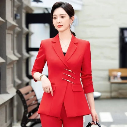 2025 Fashion White Red Black Blazer Jacket And Pant Suit Trousers Women Female Office Ladies Work Wear Formal 2 Piece Set