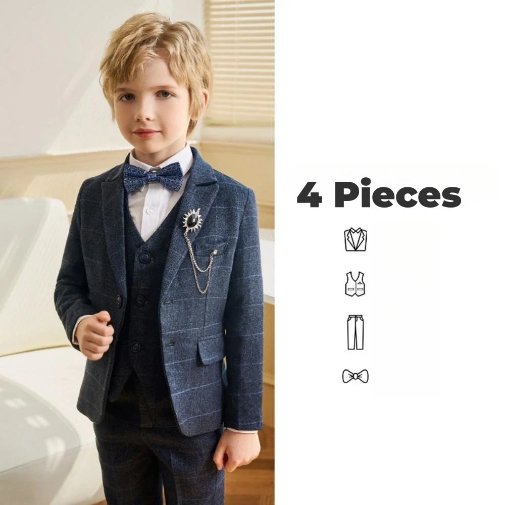 Txjojn Dark Blue Boys Plaid Suit Set 4 Pieces,Formal Long Sleeve Kids Suits For Autumn And Winter,Handsome Children's Tuxedo