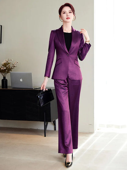 High Quality Women Purplish Red Pant Suit Female Solid Single Button Blazer and Trouser 2 Piece Set For Office Ladies Work Wear