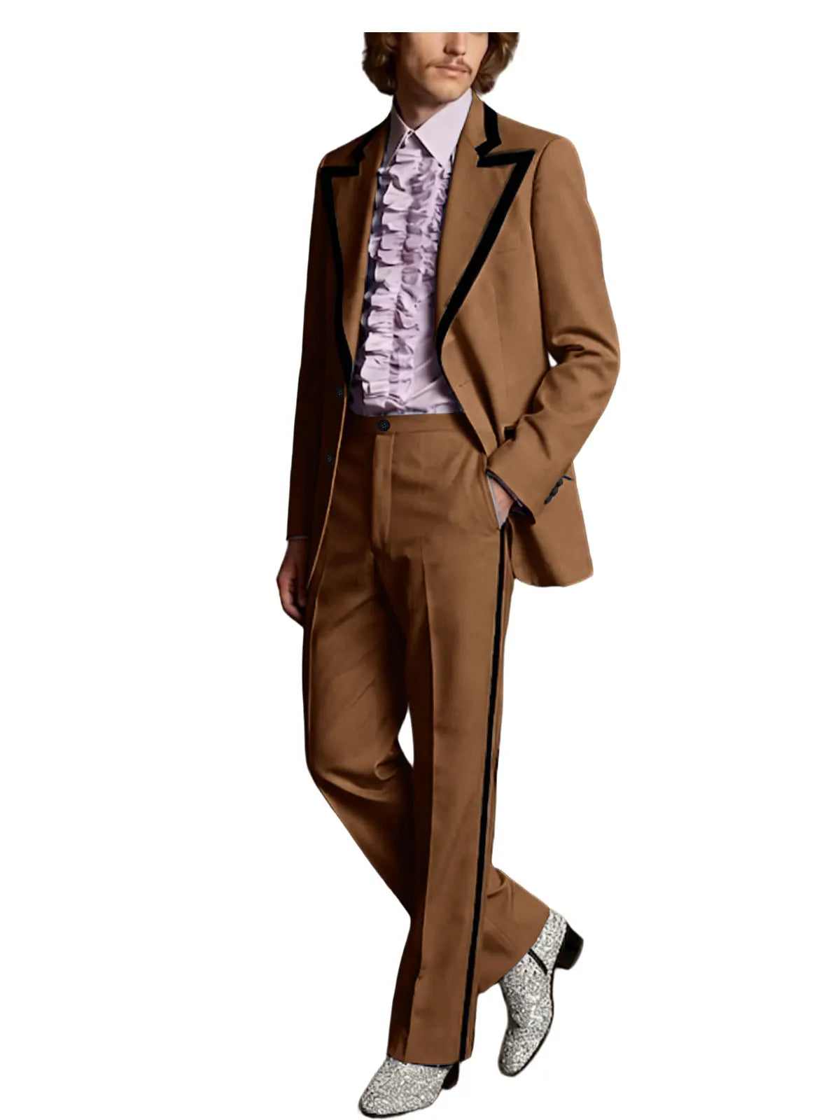 Men's Tuxedo Suit 2-Piece Slim Fit Blazer and Pants Set with Black Velvet Trim for Weddings and Formal Events