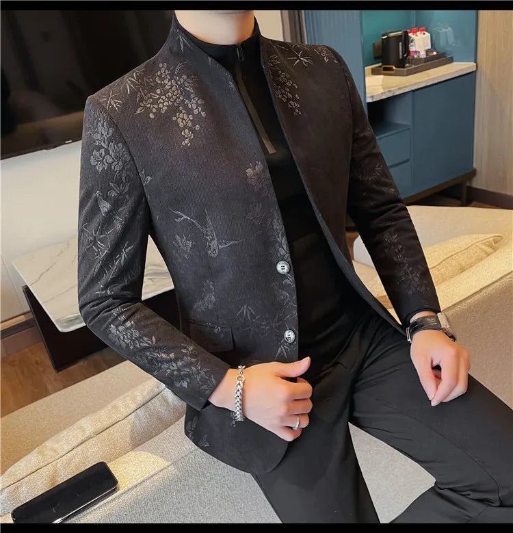 2025 Spring Trendy Jacquard Suit Jacket Men Stand Up Collar Casual Blazers Slim Wedding Business Streetwear Social Dress Coats