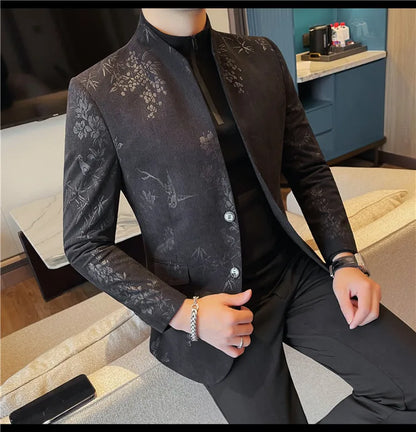 2025 Spring Trendy Jacquard Suit Jacket Men Stand Up Collar Casual Blazers Slim Wedding Business Streetwear Social Dress Coats
