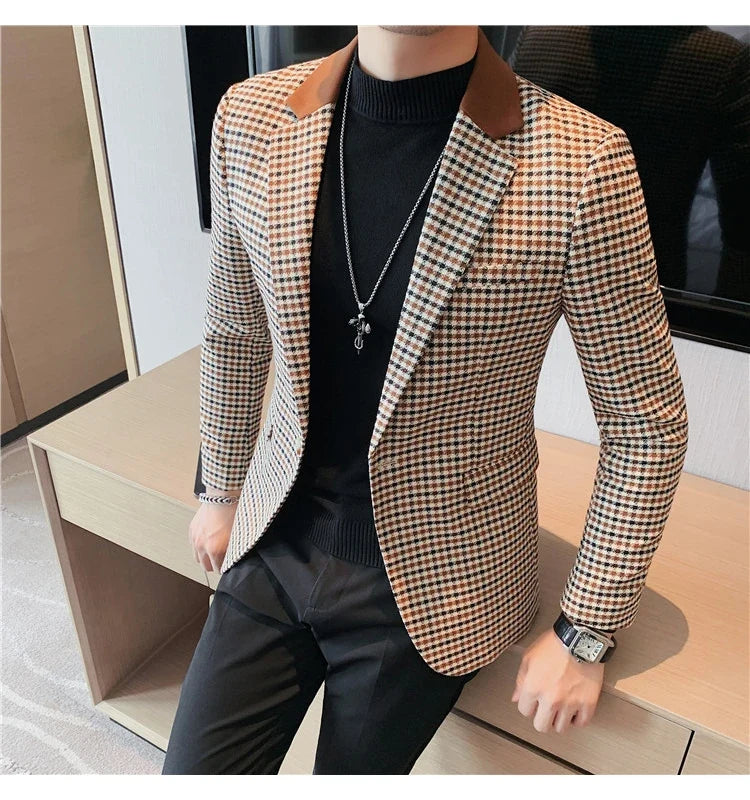Brand Spring Plaid Men Blazers Business Casual Suit Jacket Men Clothing High-quality Streetwear Social Wedding Groom Dress Coat