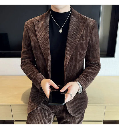 ( Jacket+Pants) Men Corduroy Suit Two-Piece Set High Quality Italian Style Business Suit Luxury Men Formal Wedding Groom Tuxedos