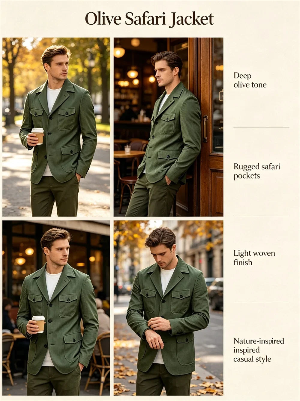 Men's Linen Safari Blazer Four Flap Pockets Slim Soft Jacket Casual Business Coat For Street Outdoor Vacation Party Daily Travel