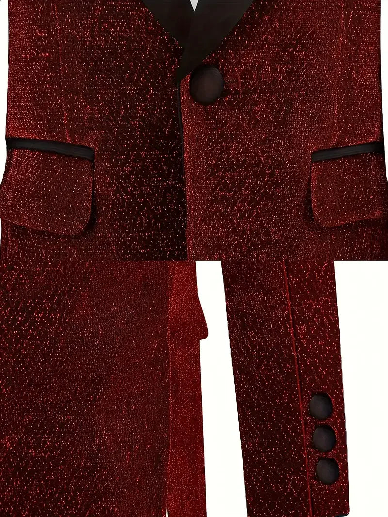 Kids Red Shining Jacket Pants Bowtie 3Pieces Suit Set 1-11Years Boys Formal Wedding Birthday Party Piano Performance Costume