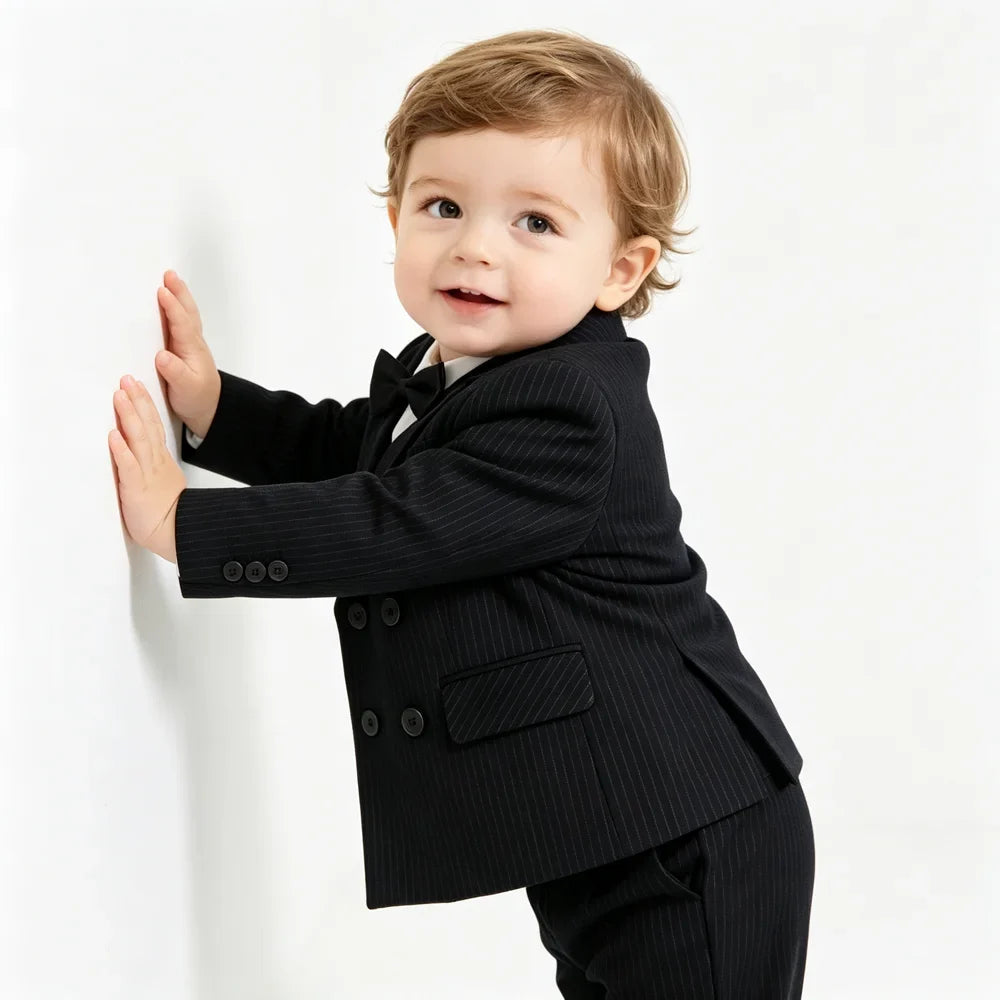Boys Stripe Wedding Suit Set Kids Gentleman Costume Blazer Vest Pants Bow Tie Outfit for Banquet Christening Formal Party