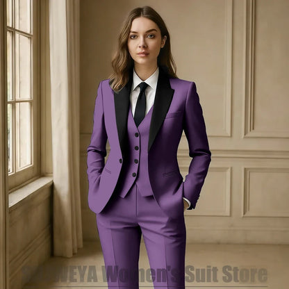 Women Royal Blue 3 Piece Tuxedo Suit Blazer Vest Pants with Black Lapel Slim Fit Formal Party Business Office Outfit