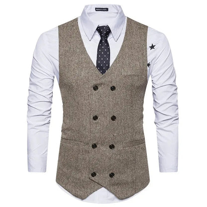 Men's Herringbone Vest Double Breasted Slim Fit Waistcoat for Weddings and Formal Occasions