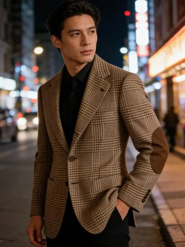 Retro British Plaid Men's Blazer with Elbow Patches Slim Fit Business Casual Tweed Suit Jacket for Office Daily Wear Sport Coats