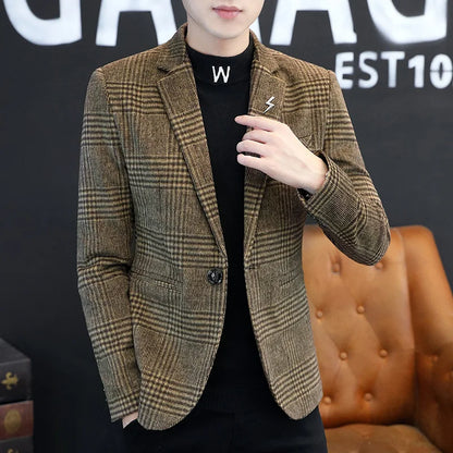 Men's Plaid Blazer Smart Casual Single Breasted Khaki Gray Autumn Office Jacket