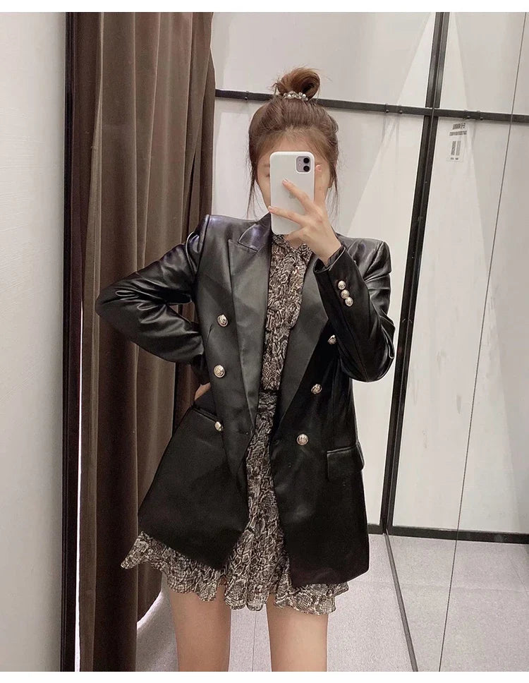 Women Fashion Notched Double Breasted PU Leather Blazers Coat Casual Straight Long Sleeve Back Vents Female Outerwear Chic Tops