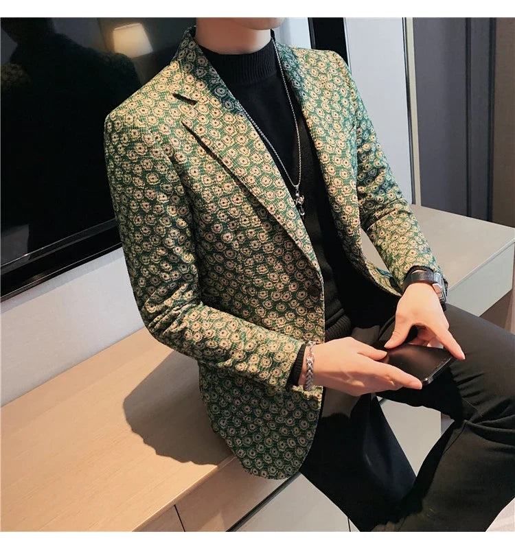 Autumn Winter Corduroy Flower Blazers Men Slim Fit Casual Suit Jacket Casual Suit Jacket Wedding Business Dress Coat Streetwear