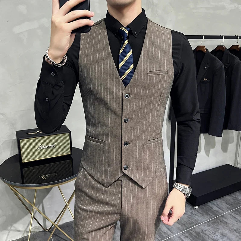 Slim Fit Double-breasted Striped Suit Vest Trousers 3-Piece Set Korean Fashion M-7XL Men's Fashionable Striped Three-piece Suit